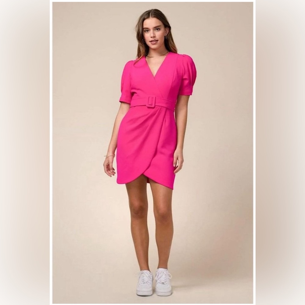 Adelyn Rae Belted Dress in Neon Pink